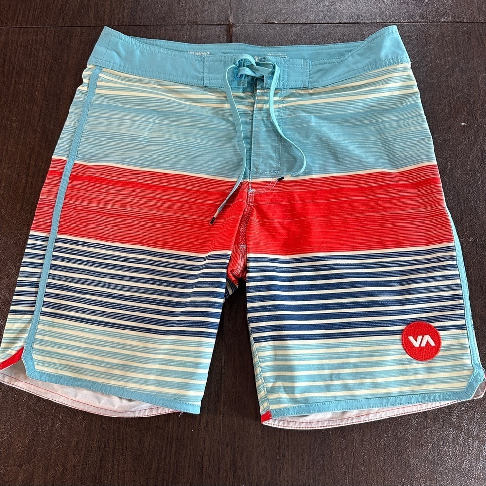 RVCA Men's Red and Blue Striped Board Shorts Sz 31 Memorial Fourth of July